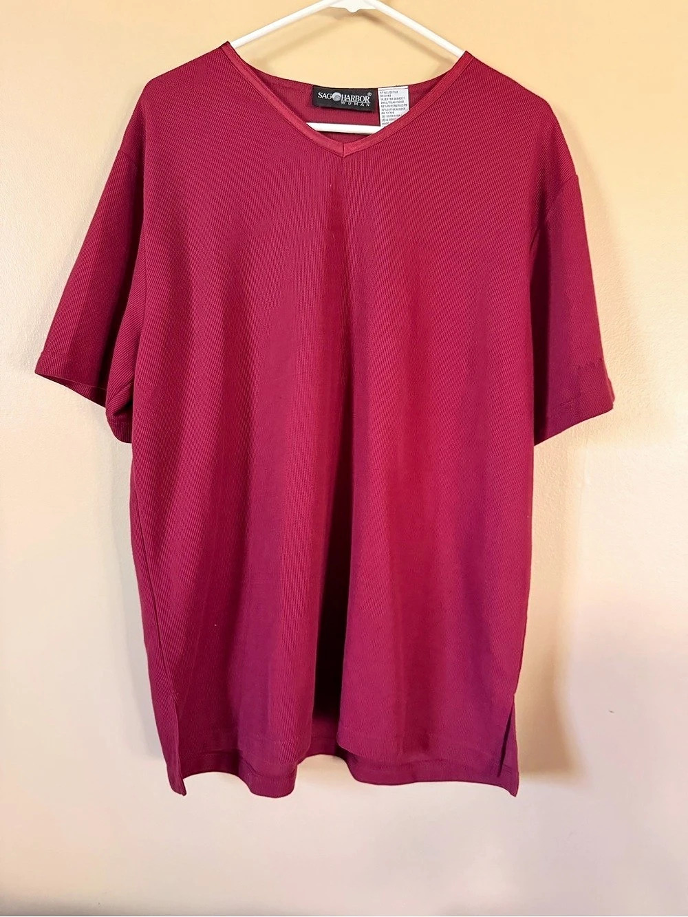 Sag Harbor Woman Plus Size 1X Ribbed V Neck Top Maroon Burgundy